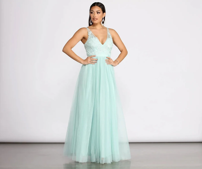 Jamie Lace Floral Applique Mesh A-Line Dress