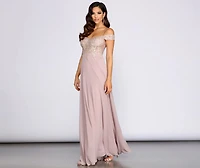 Shea Metallic Applique Off Shoulder Chiffon Dress