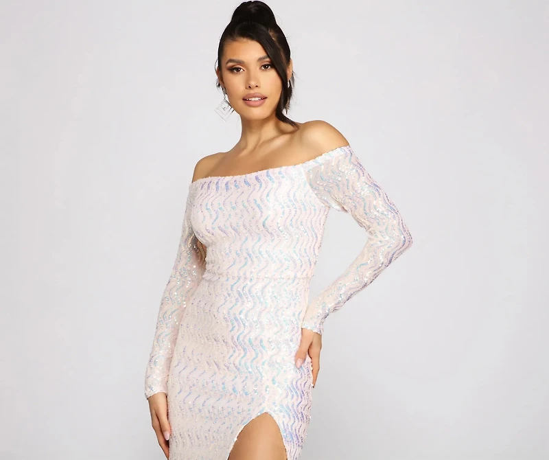 Gracie Formal Off The Shoulder Iridescent Sequin Dress