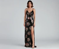 Karissa Sequin Floral High Slit Formal Dress