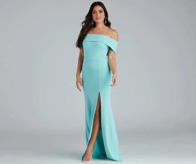 coralie off shoulder front slit dress Windsor Coralie Off Shoulder Front Slit Dress