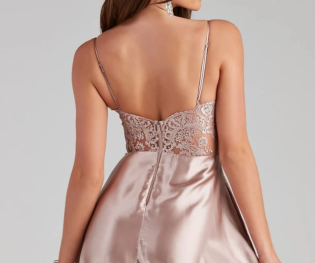Windsor Lorella Satin Empire Lace Back Formal Dress | Connecticut Post Mall