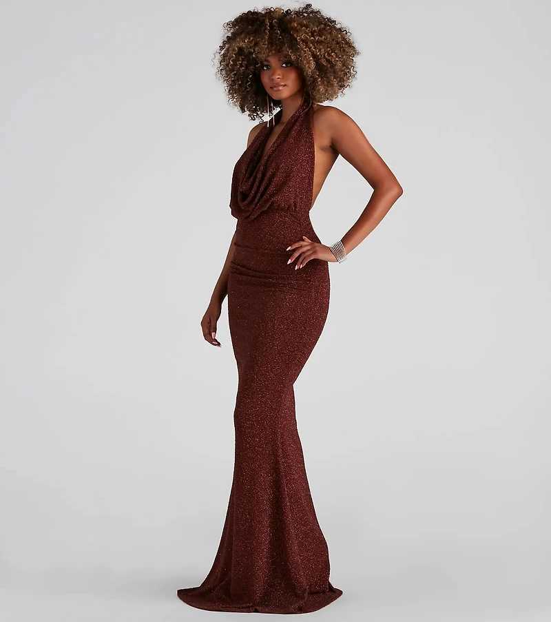 Kesha Formal Glitter Cowl Neck Dress