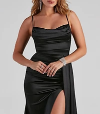Francie Formal Satin Slit Drape Dress