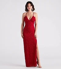 Marylou Lace Mesh Plunge Neck Formal Dress