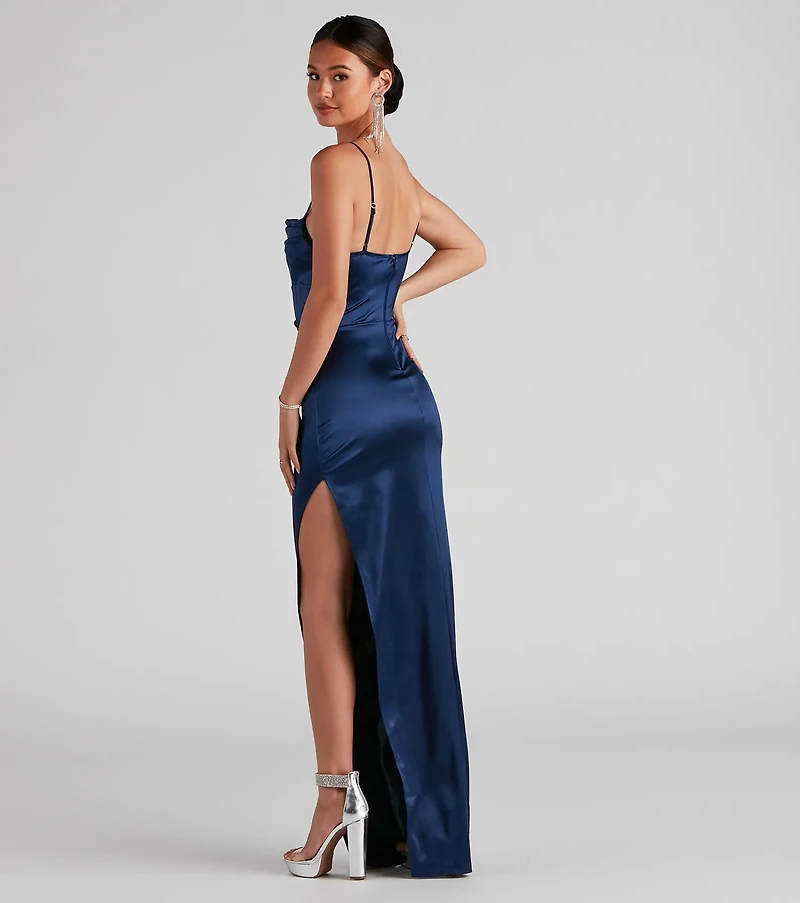 hallie formal high slit corset dress Miss Circle Women Holly White Crystallized Corset High Slit Satin Gown