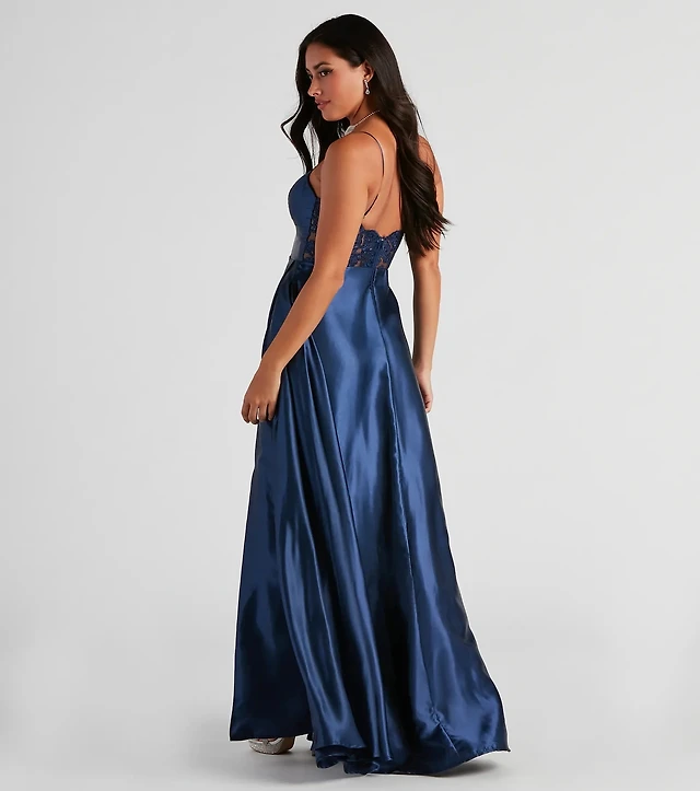 green emerald velvet dress Stretch Satin Lace Up Back Dress with Train Petite / 12 / Teal