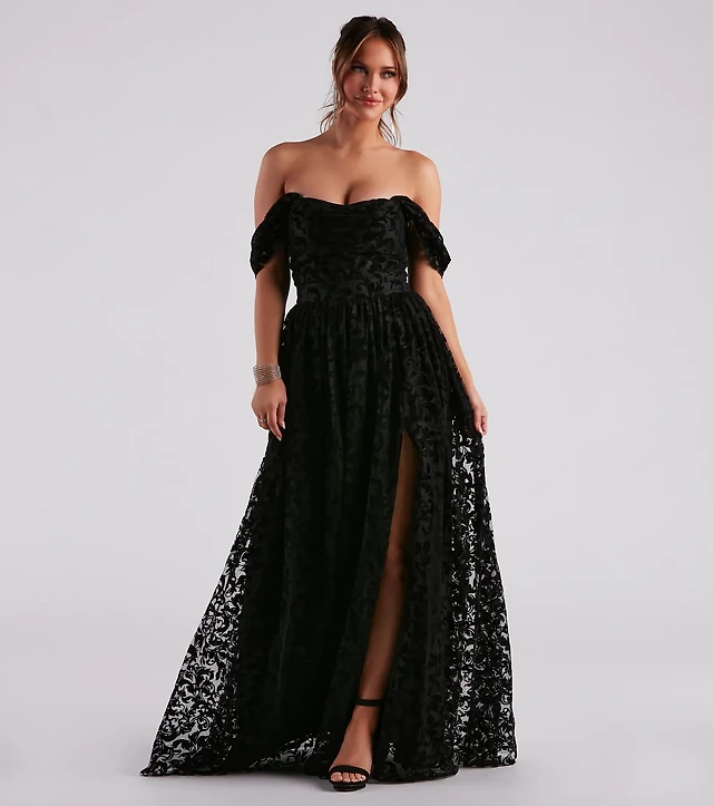 morgan formal flocked velvet dress black Morgan Flocked Velvet A-Line Formal Dress