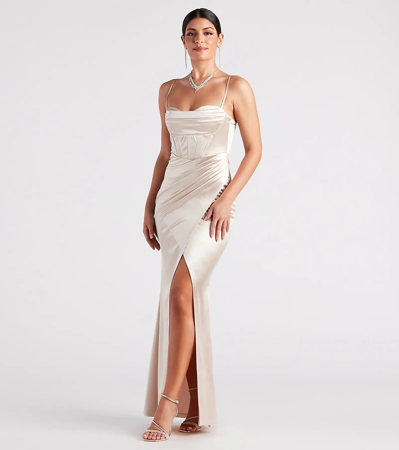 Windsor Stacie Satin Corset Wrap Formal Dress | Arden Fair