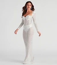 Crystal Iridescent Rhinestone Sheer Formal Dress