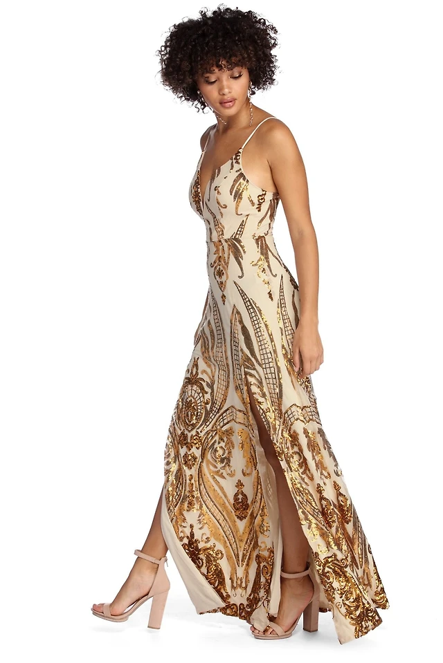 windsor gold dress Formal Dresses cut construction creates a figure Glow Goddess Strappy Back Metallic
