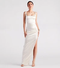 Lia Ruched Satin High Slit Formal Dress