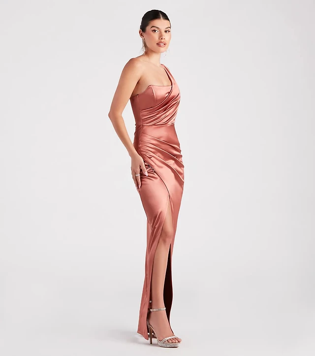 isla satin one-shoulder wrap dress Isla Trendy One Shoulder Pleats Slit Satin Dresses, Tahiti
