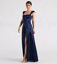 Lisa Satin High Slit A-Line Formal Dress