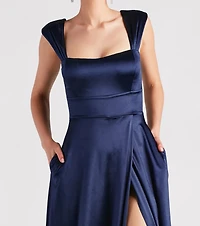 Lisa Satin High Slit A-Line Formal Dress