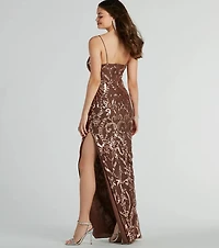 Bronwen High Slit Sequin Mesh Formal Dress