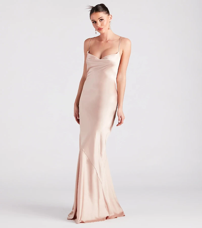 Vanessa Formal Satin Cowl Neck Dress