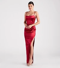 Helena Formal Satin Corset Slit Dress