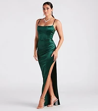 Helena Formal Satin Corset Slit Dress
