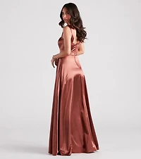Lisa Satin High Slit A-Line Formal Dress