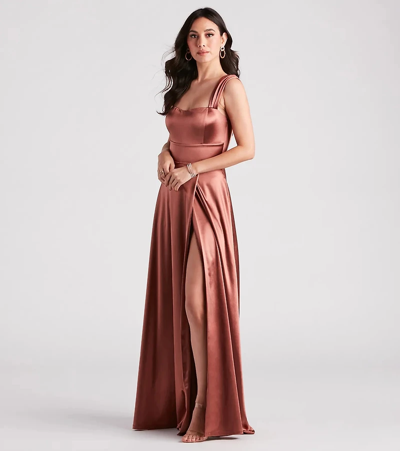 Lisa Satin High Slit A-Line Formal Dress