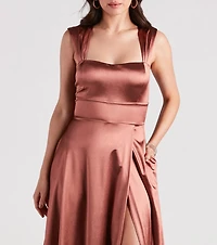 Lisa Satin High Slit A-Line Formal Dress