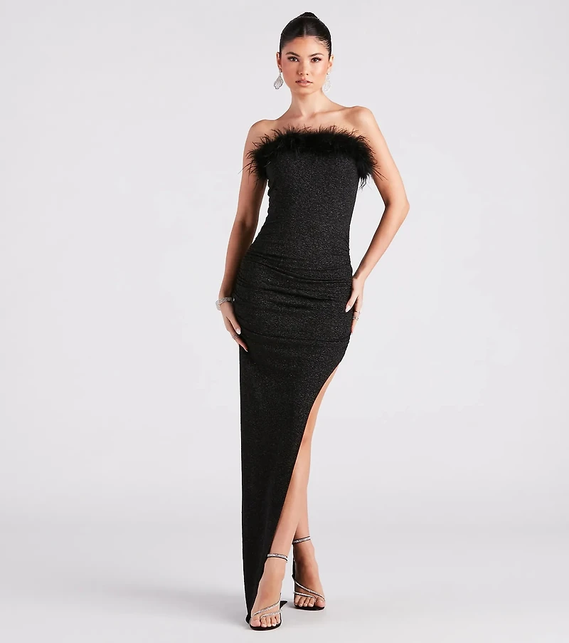 Rosaline Formal Glitter Marabou Strapless Dress