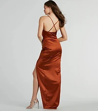 Stella Satin Cowl Neck High Slit Formal Dress
