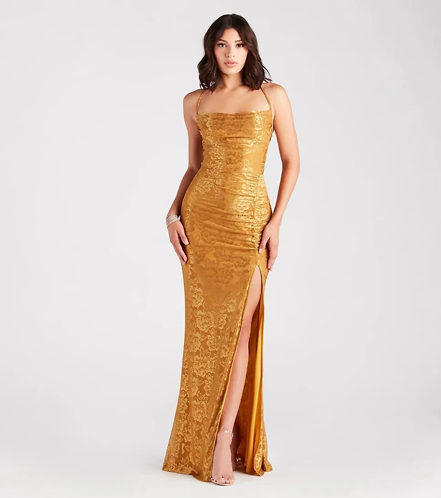 kehlani formal floral lace slit mermaid dress Windsor at CoolSprings Galleria in Franklin, TN cascading ruffles and a delicate floral print while the high side slit offers an alluring show of leg along the floor kehlani formal floral lace slit