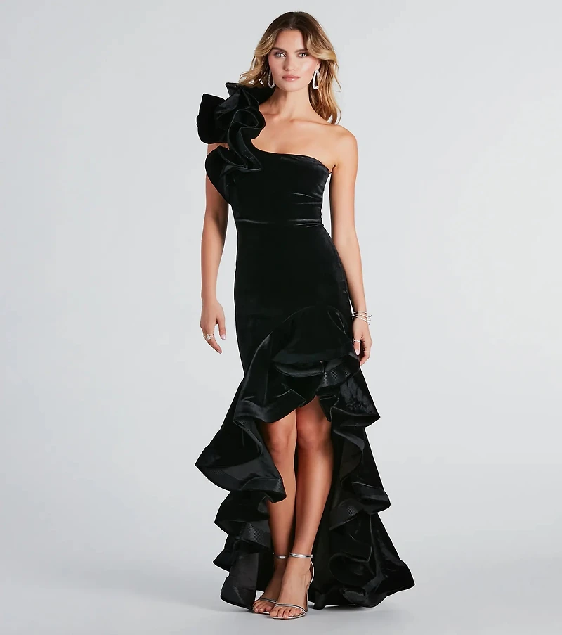 Beatrice Formal Velvet Ruffle High Low Dress