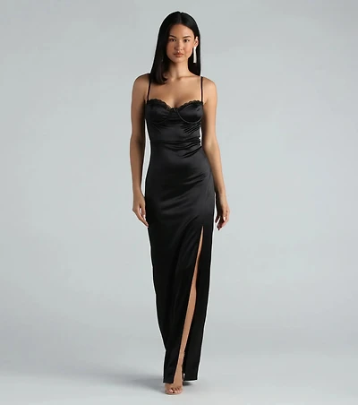 Cassandra Formal Satin Lace Sweetheart Long Dress