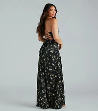 Mackenzie Formal Satin Floral Lace-Up Dress