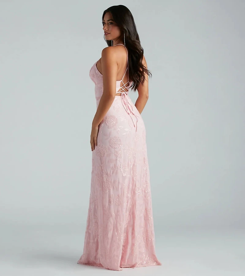Kleo Formal Sequin Rose Lace-Up Mermaid Dress