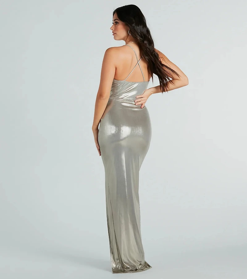 Madelyn Formal Metallic Cowl Neck Long Dress