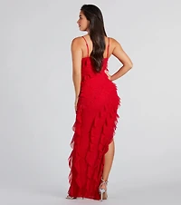 Janelle Ruffle High Slit Glitter Mesh Formal Dress