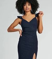 Tamera V-Neck Ruffle Mermaid Glitter Formal Dress