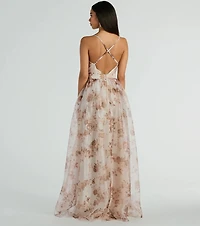 Clarissa V-Neck Rose Floral A-Line Formal Gown