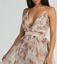 Clarissa V-Neck Rose Floral A-Line Formal Gown