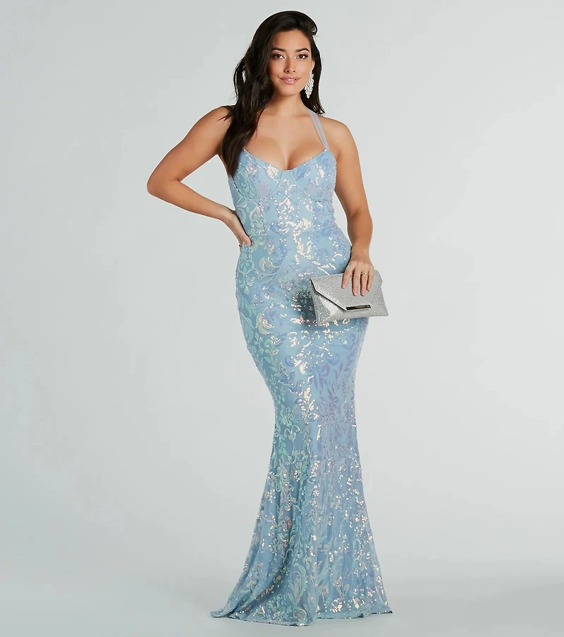 Brooklyn Bustier Tulle Lace-Up Sequin Formal Dress