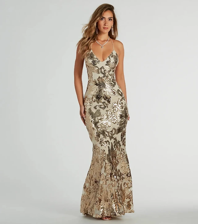 justine formal sequin mock neck mermaid dress Mock Neck Mermaid Hem Sequin Prom Dress Elegant Long Sleeve Formal Evening Wedding Guest Gown, For Graduation, Dinner Party Dress Spring
