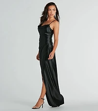 Stephanie Cowl Neck Wrap Satin Formal Dress