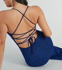 Chelsea Cowl Neck Lace-Up Mermaid Glitter Dress