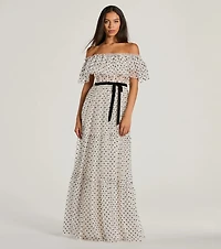 Aria Ruffled Off-The-Shoulder Polka Dot Mesh Formal Dress