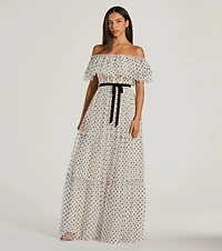 Aria Ruffled Off-The-Shoulder Polka Dot Mesh Formal Dress