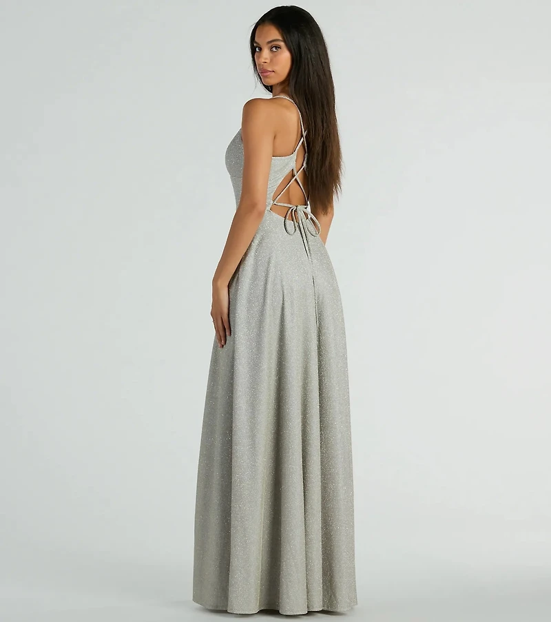 Mary Lace Up A-Line Glitter Formal Dress With Pockets