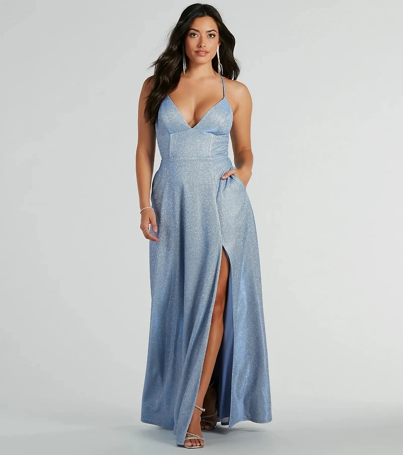 Mary Lace Up A-Line Glitter Formal Dress With Pockets