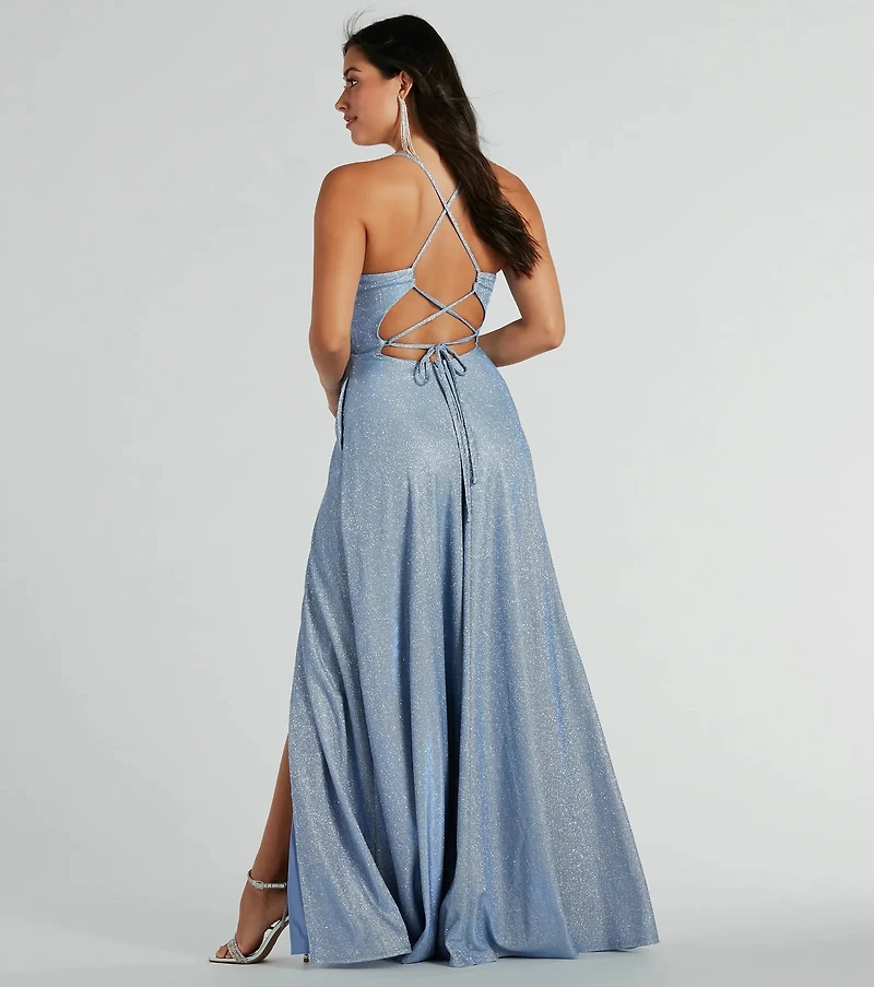 Mary Lace Up A-Line Glitter Formal Dress With Pockets