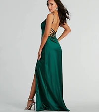 Ansley V-Neck Lattice A-Line Satin Formal Dress