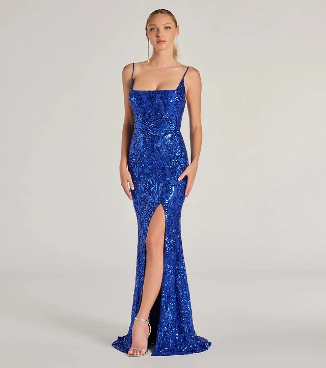 kehlani formal floral lace slit mermaid dress Windsor up back that turns heads and a ruched mermaid silhouette that highlights your curves kehlani formal floral lace slit