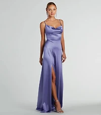 Ellie Cowl Neck A-Line Long Satin Formal Dress